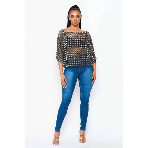 Pearl Beaded Lace Overlay Top - Picture 2 of 5